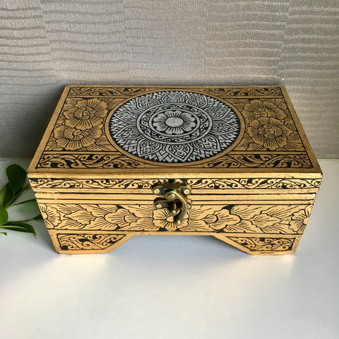 Mandala Flower Keepsake Jewelry Box | Thai Silver / Gold Lacquerware | Handmade
