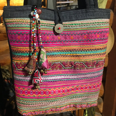 Hmong Hill Tribe Fabric w/ Hemp Tote Bag  | Handmade Thailand