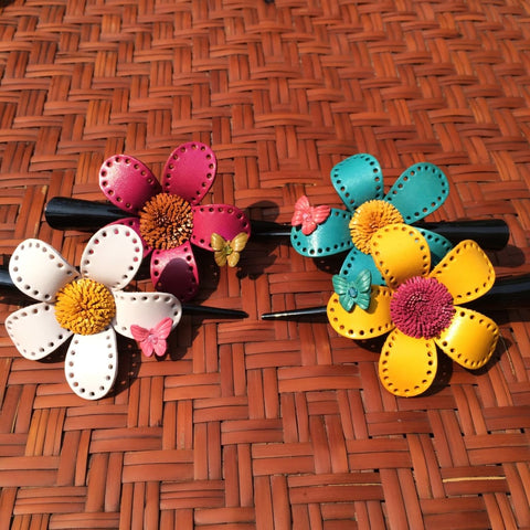 Flower Hair Clip | Leather Daisy & Butterfly w/ Jewel