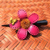 Leather flower hair clip clamp pink daisy with jeweled butterfly