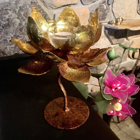 Gold Lotus Candle Holder | Thai Metal Flower Art | 10 Inch Pedestal