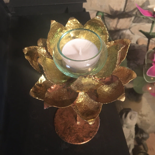 Gold Lotus Tea Light Candle Holder on Stand / Pedestal | Thai Metal Art | 9  Inch