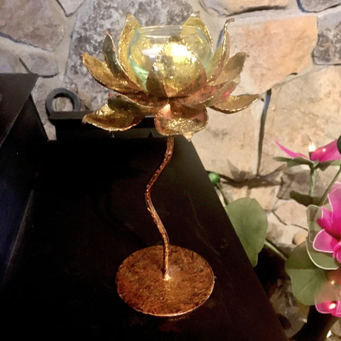 Gold Lotus Tea Light Candle Holder on Stand / Pedestal | Thai Metal Art | 9 Inch