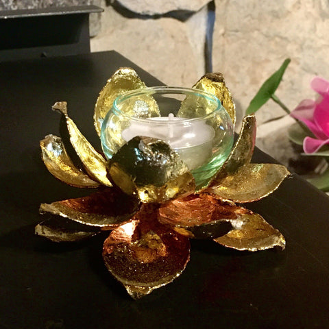 Gold Lotus Flower Candle Holder | Tea Light Metal Art | 5 Inch