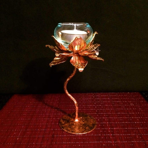 Gold Lotus Pedestal Candle Holder | Thai Metal Art | 7 Inch