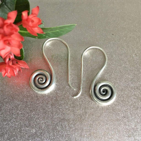 Karen Hill Tribe Silver Earrings | Drop Spiral | Thai Handmade - L