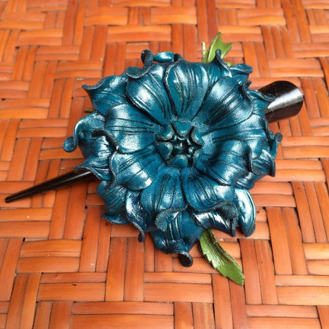Leather Flower Hair Clip / Clamp / Blue Gardenia