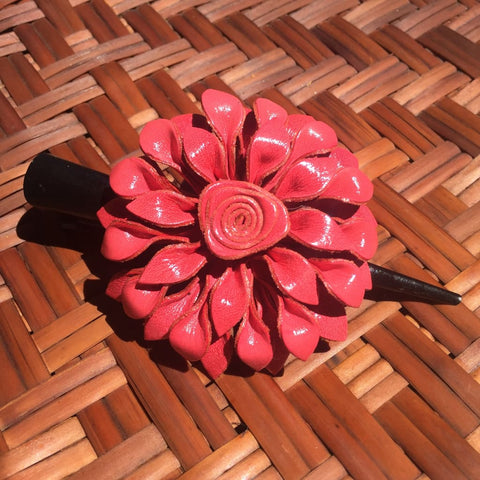 Leather Flower Hair Clip | Coral Pink Dahlia | Thai Handmade