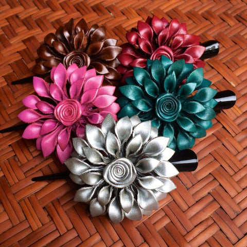 Leather Flower Hair Clip - Dahila - Handmade in Thailand