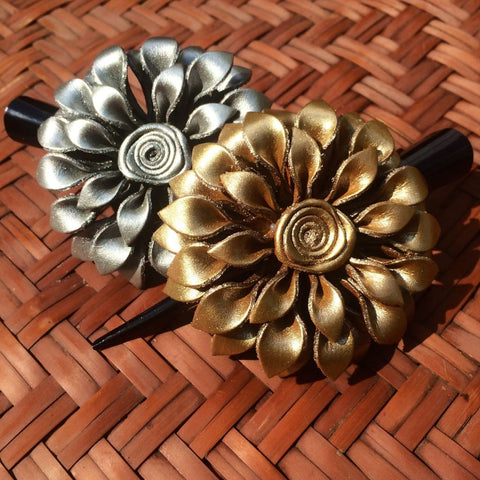 Leather Flower Hair Clip - Dahlia Silver and Gold