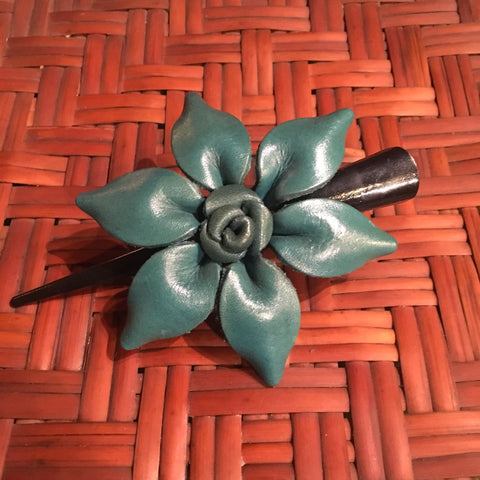 Leather Flower Hair Clip / Clamp / Blue Gardenia