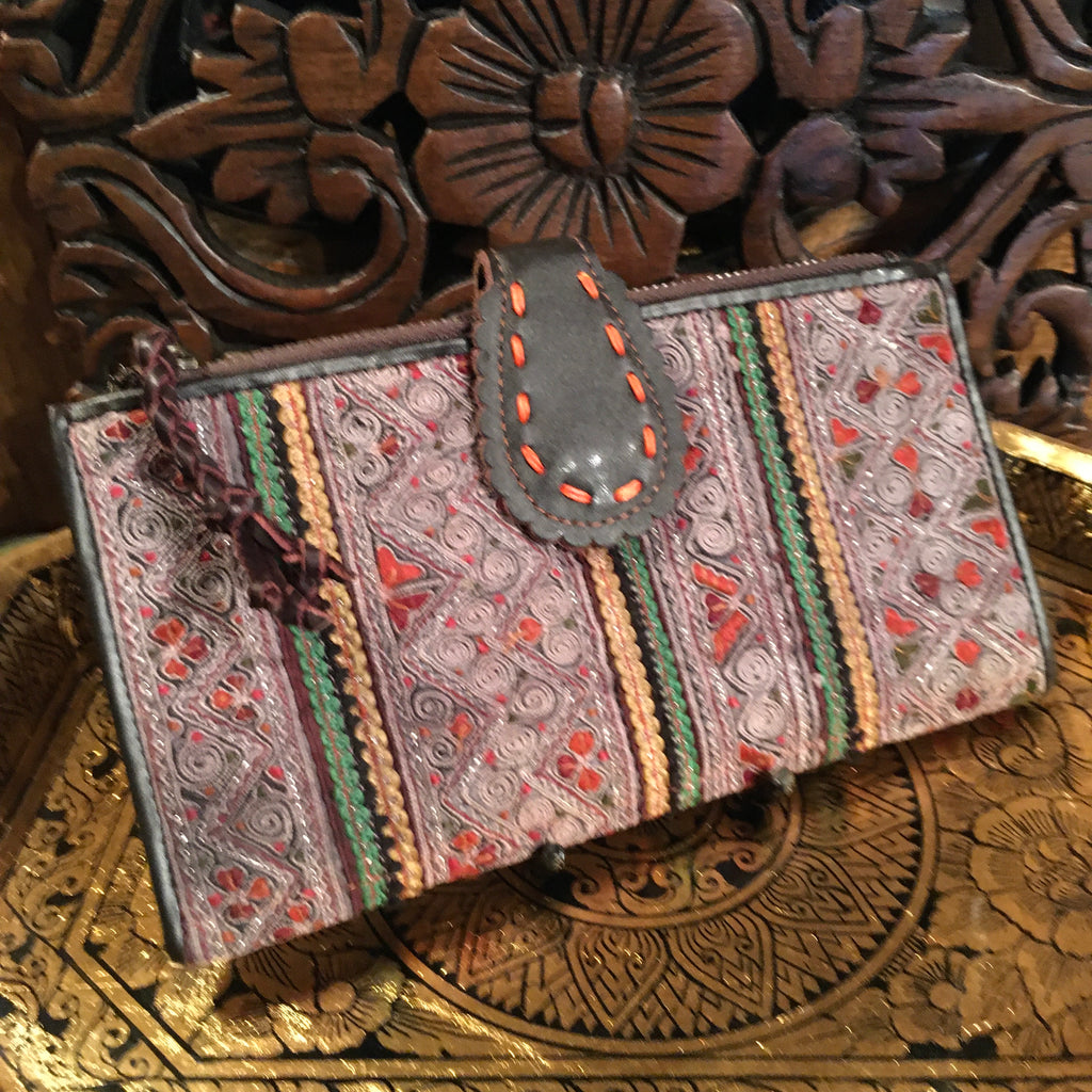 leather and embroidered hmong fabric thai handmade purple wallet