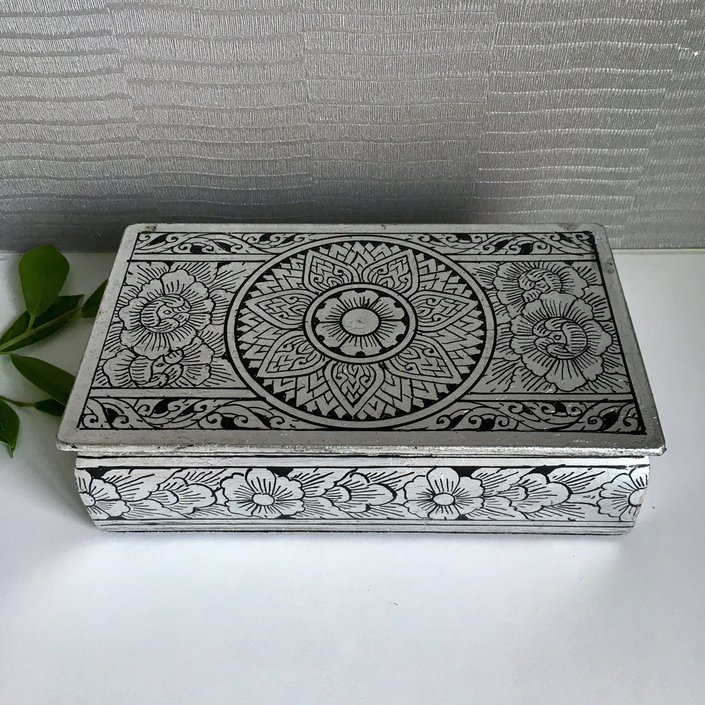 Flower Mandala Keepsake Box | Jewelry Box | Silver Thai Traditional Lacquerware - L