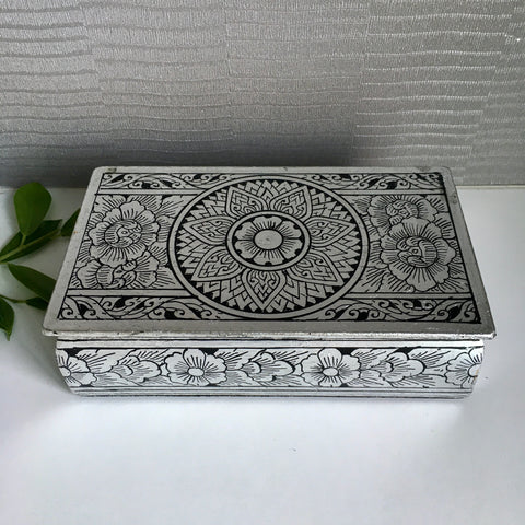 Flower Mandala Keepsake Box | Jewelry Box | Silver Thai Traditional Lacquerware - L