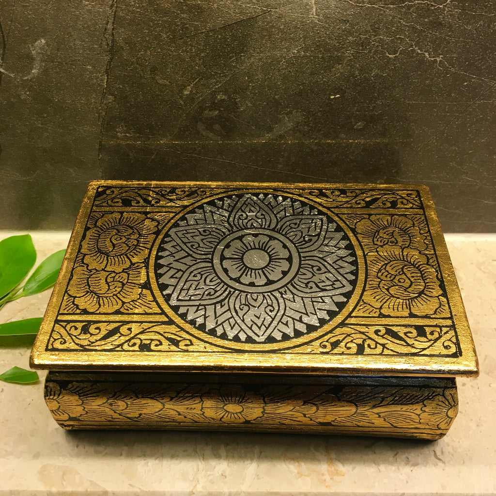 Thai Lacquerware Keepsake Box | Gold Leaf w/ Silver Mandala Flower | Handmade
