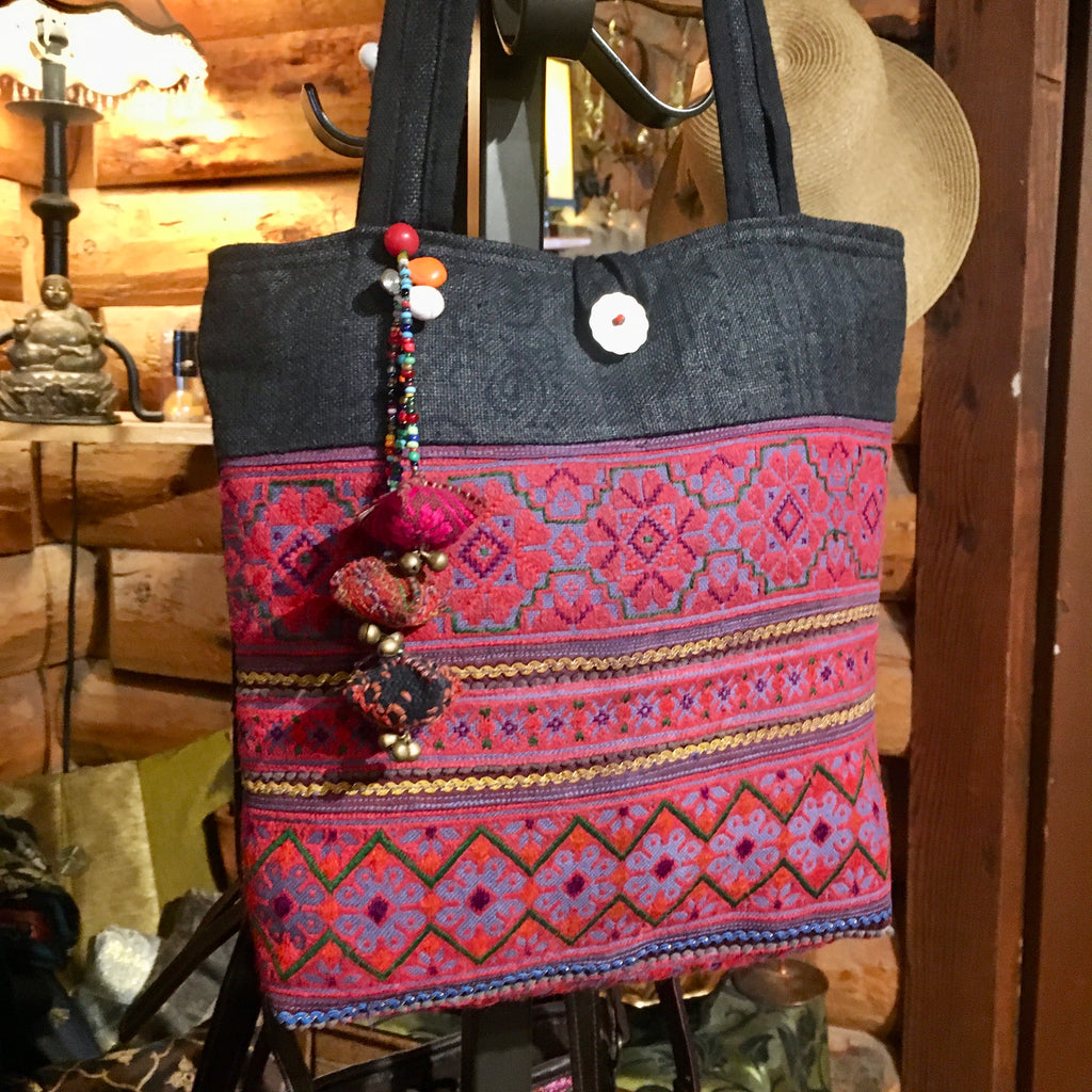 hemp with hmong fabric tote bag / with purse charm