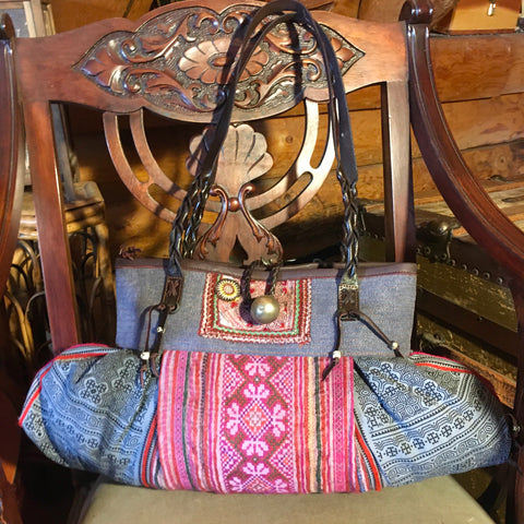 Hmong Hill Tribe Fabric Tote Bag | Leather & Vintage Textiles | Thai Handmade