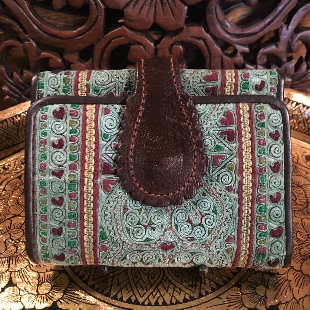 Leather with Hmong Fabric wallet handmade in thailand turquoise blue