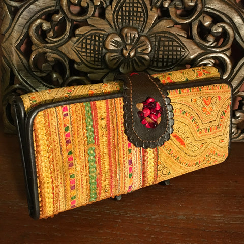 Womens Long Wallet | Leather & Vintage Hmong Hill Tribe Fabric