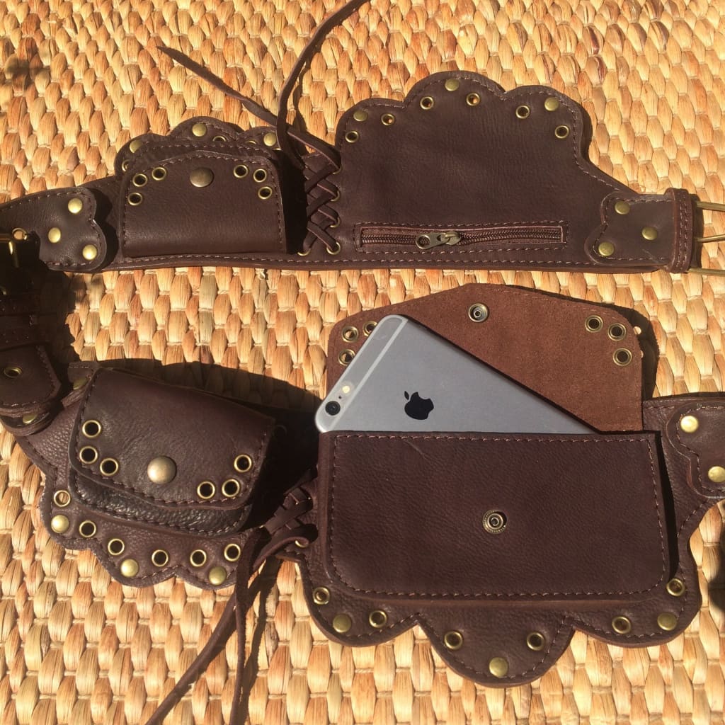 Steampunk Leather Pocket Belt, Waist Bag, Black Leather Utility Belt