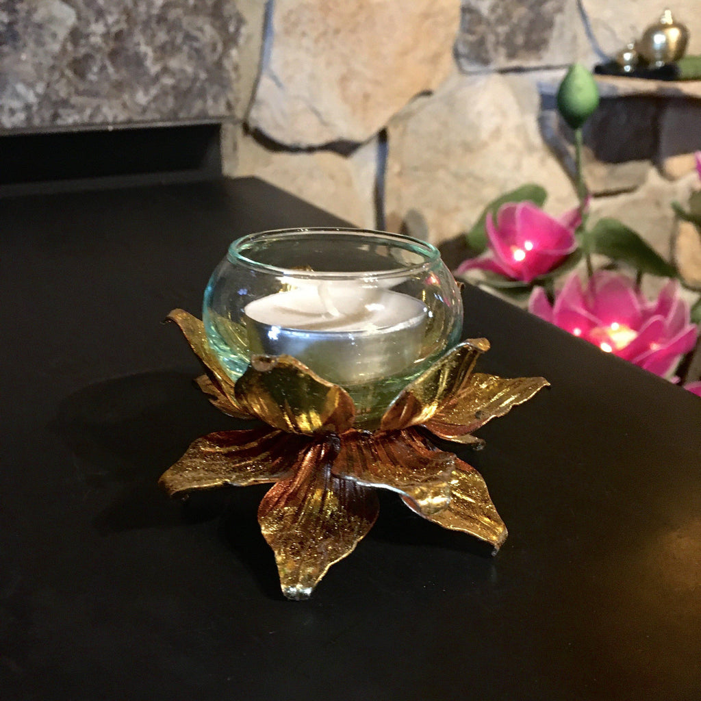 Gold Lotus Candle Holder | Tea Light Metal Art | 3 Inch-Thai Artist Collective