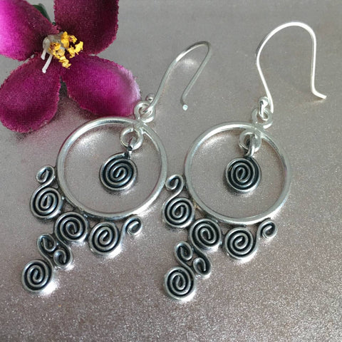 Karen Hill Tribe Silver Earrings | 5 Spiral Drop Hoop | Thai Handmade