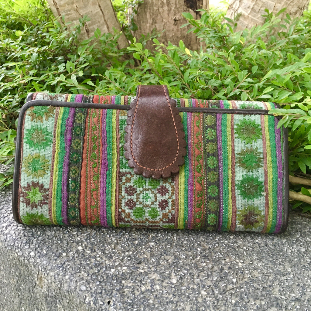 Hmong Hill Tribe Long Wallet | Leather & Vintage Fabric | Handmade-Thai Artist Collective