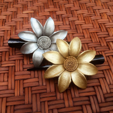 Leather Flower Hair Clip - Silver and Gold Daisy