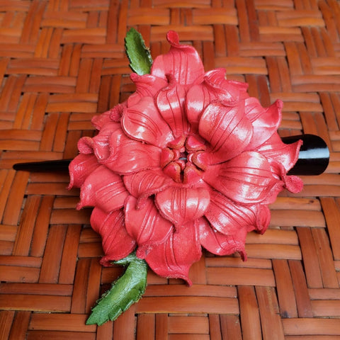 Leather Hair Clip | Gardenia Flower | Coral Pink