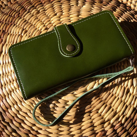 Leather Long Wallet | Womens Green Wristlet | Fits Cards, Cash & Phone
