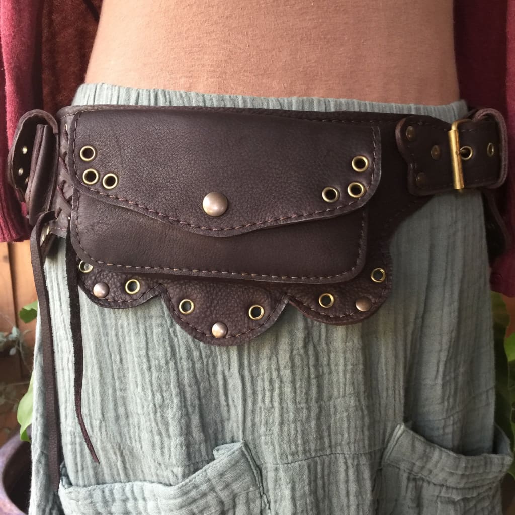 Brown Leather Utility Bag With Chain and Leg Strap Festival 