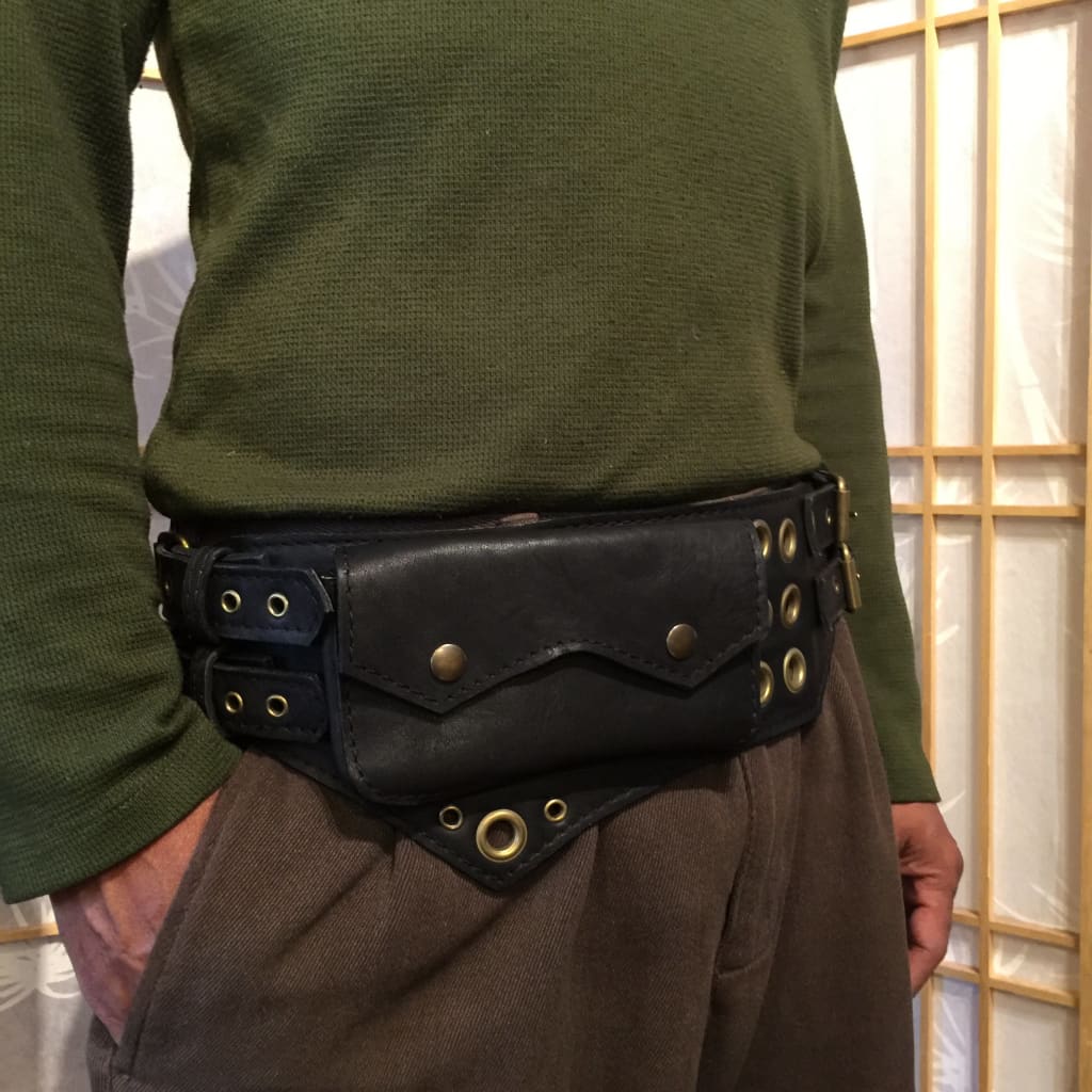 Steampunk Leather Pocket Belt, Waist Bag, Black Leather Utility Belt