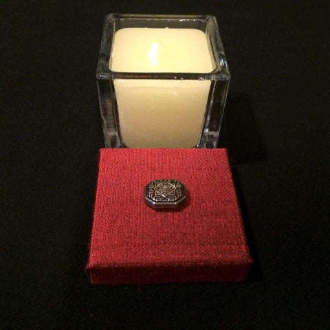 Soy Candle / Glass Box / Thai Red Silk Lid / Silver Button
