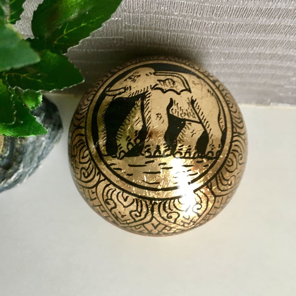 Thai Elephant Golden Lacquerware Jewelry / Ring Box | Gold Leafed | Round Ball - S - Thai Handicrafts