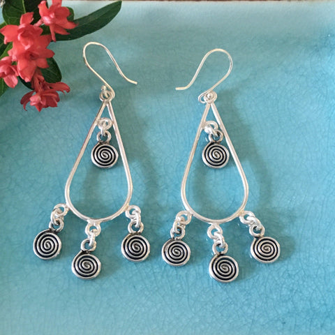 Thai Hill Tribe Silver Earrings | 4 Spiral Raindrop | Karen Handmade 98.5% Silver